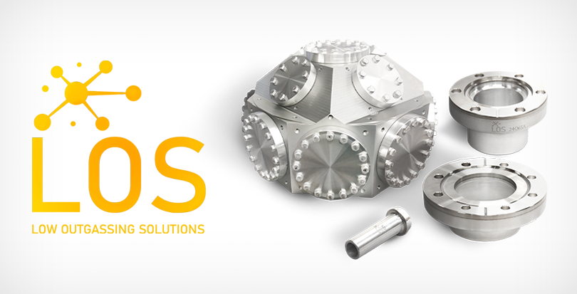 Low Outgassing Solutions logo bimetal flanges, bimetal face gland fittings, titanium flanges, and an aluminum chamber